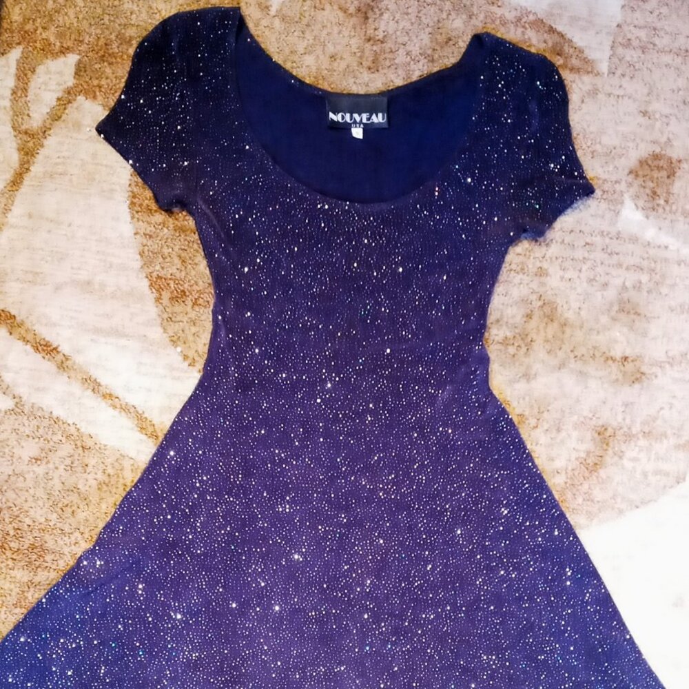 Stunning Skater Dress by Nouveau Midnight Blue Sparkly Stretchy Vintage Party - Picture 3 of 16